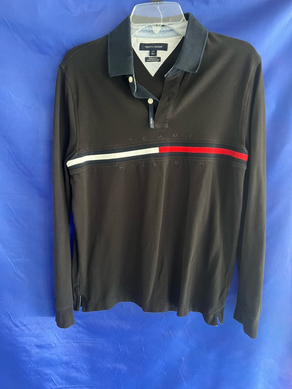 Tommy Hilfiger Men’s Black Long-Sleeve Polo with Red and White Chest Stripe